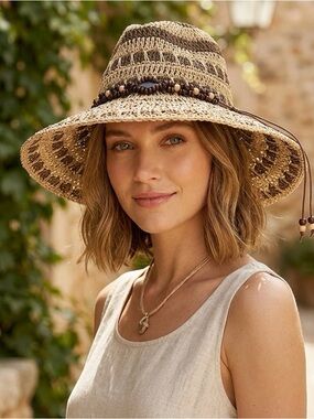 Som-Her packable straw/wicker floppy hat with wooden beads  details